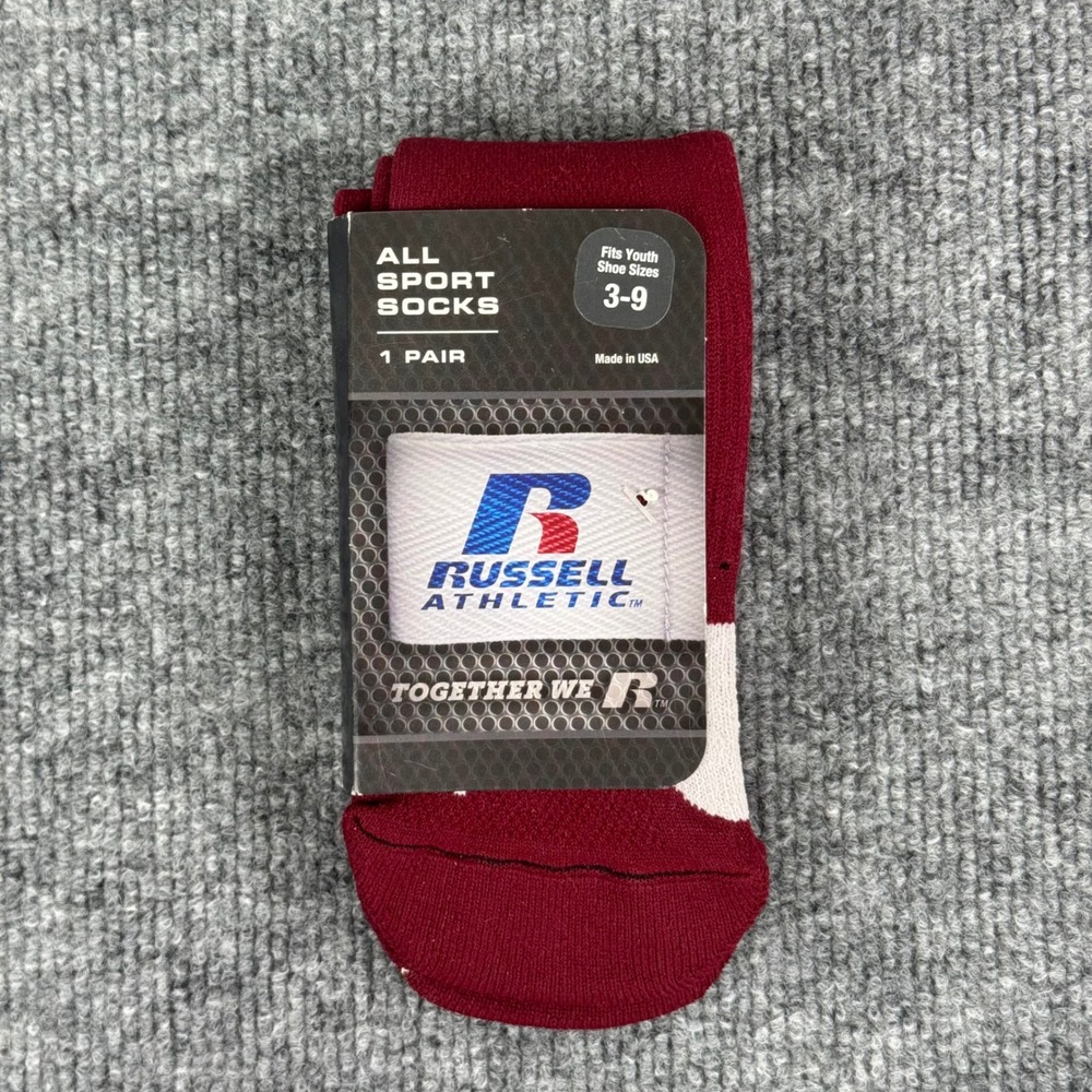 Russell Athletic Socks‎ Youth Size 3-9 All Sport Maroon White USA Made New